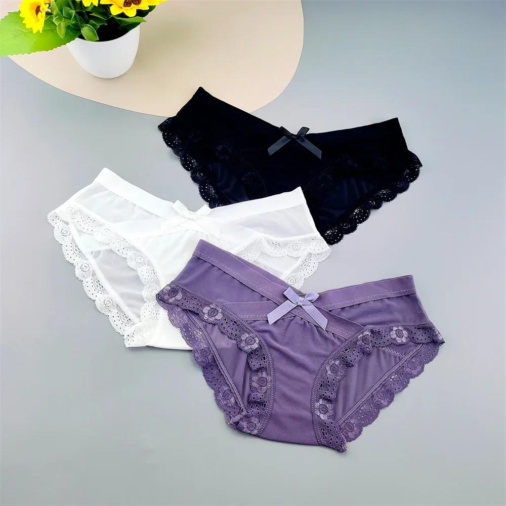 3PC Low Rise Lace Ruffles Women's Mesh Underwear Sweet Ladies Perspective Sexy Briefs Comfortable Panties