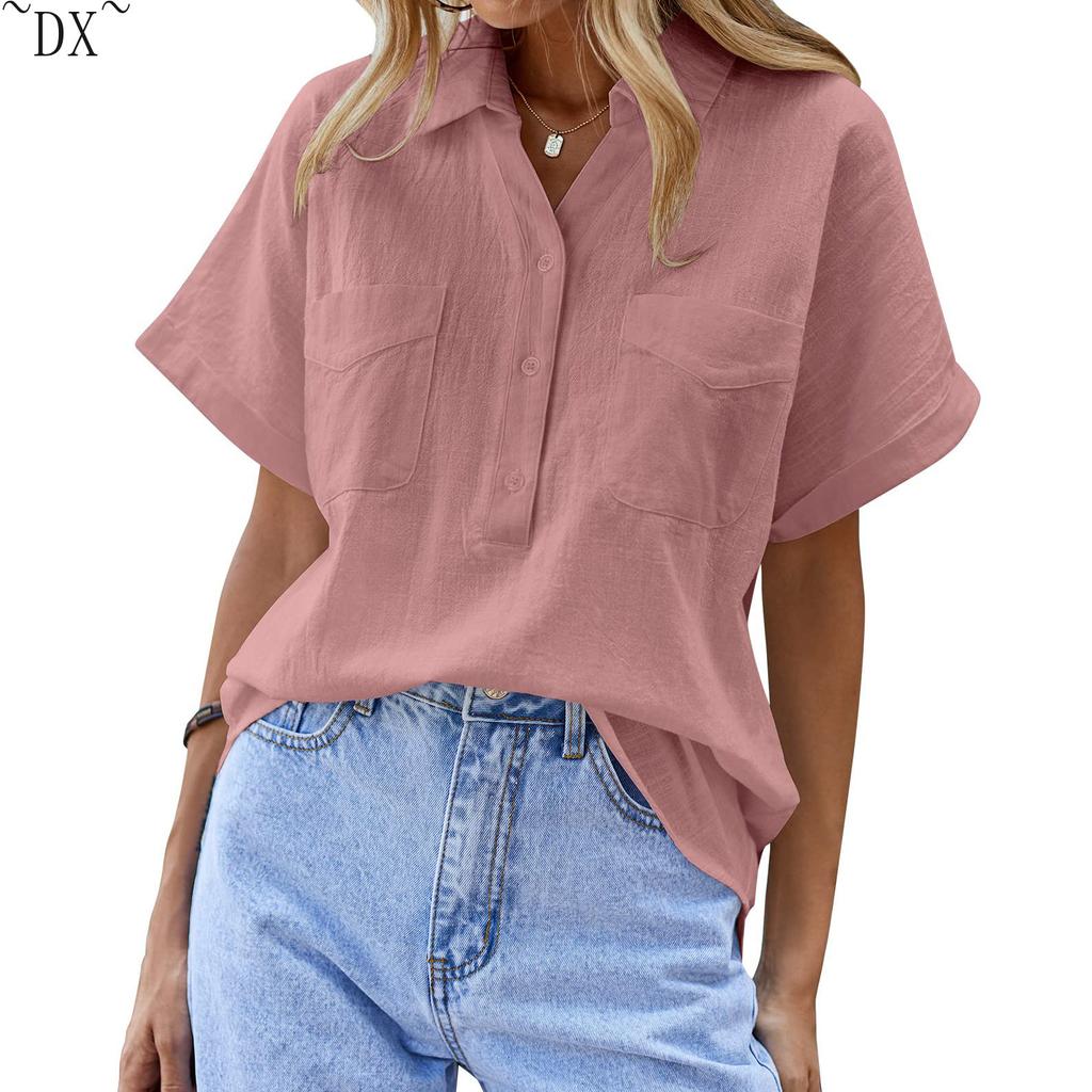 DX~Women's Cotton Linen Shirt Short Sleeved Henry Shirt Button Up V-neck Casual Work Top with Two Pockets
