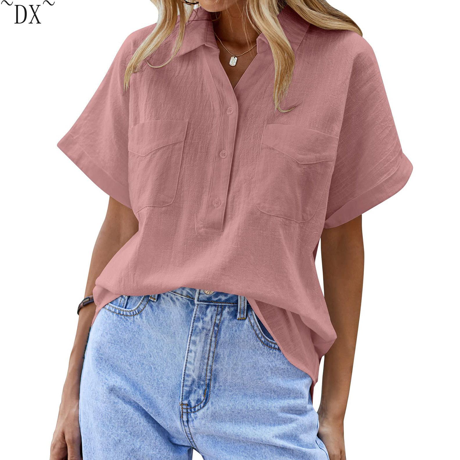 

DX~Женская хлопково-льняная рубашка с короткими рукавами, рубашка Генри, повседневный рабочий топ на пуговицах с V-образным вырезом и двумя карманами XXL розовый
