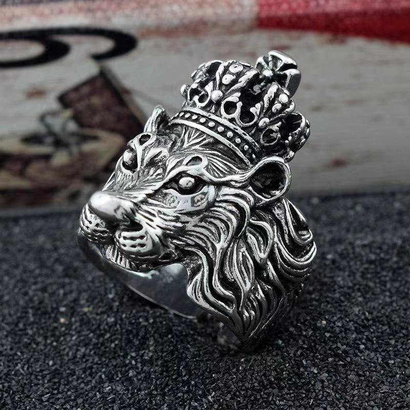 Retro Lion Crown Ring For Men Silver Color Punk Gothic Adjustable Ring Handmade Rock Hiphop Biker Accessories Man Gift