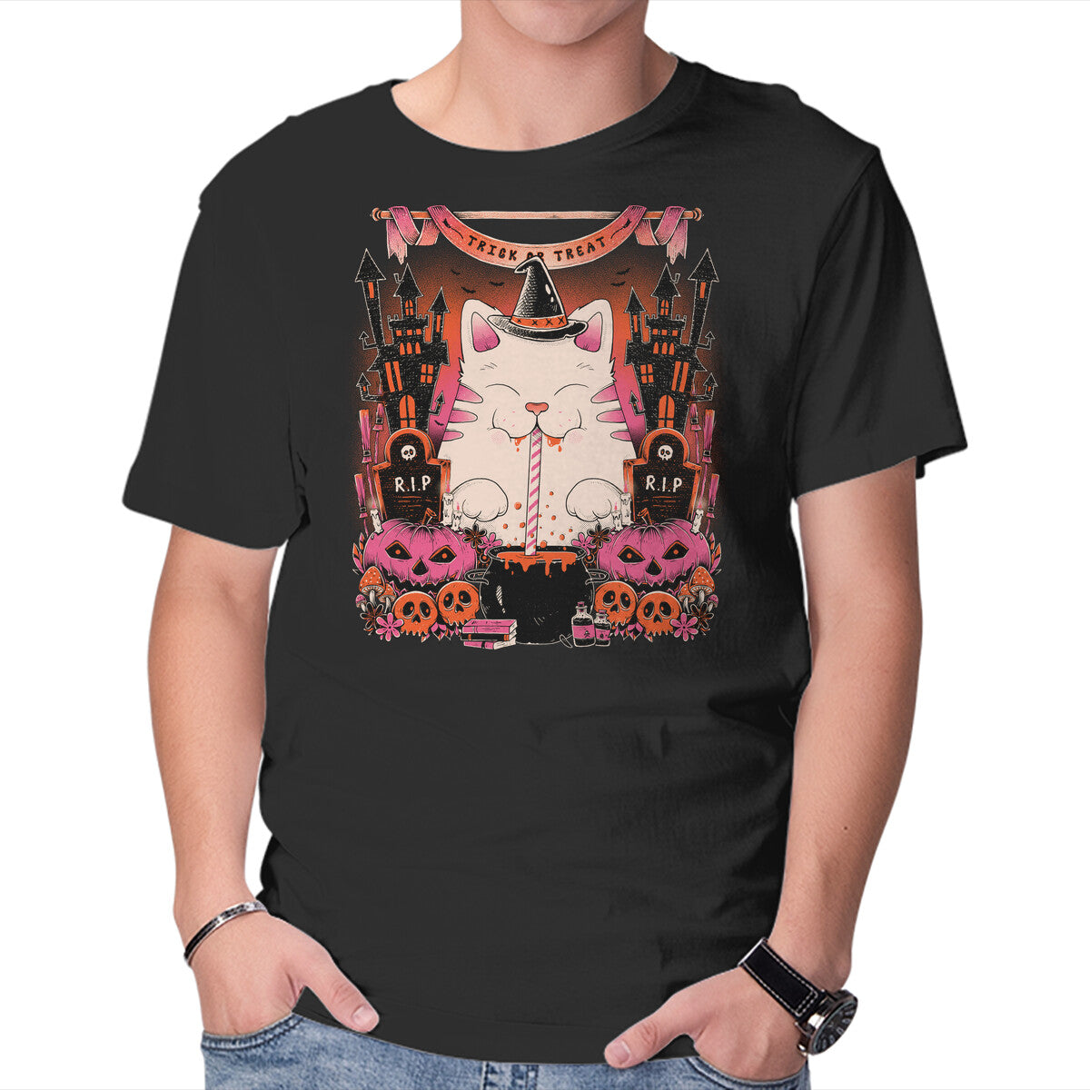 Unisex Crew Neck T-Shirt Witch Cat Graphic Short Sleeve Casual Tee L