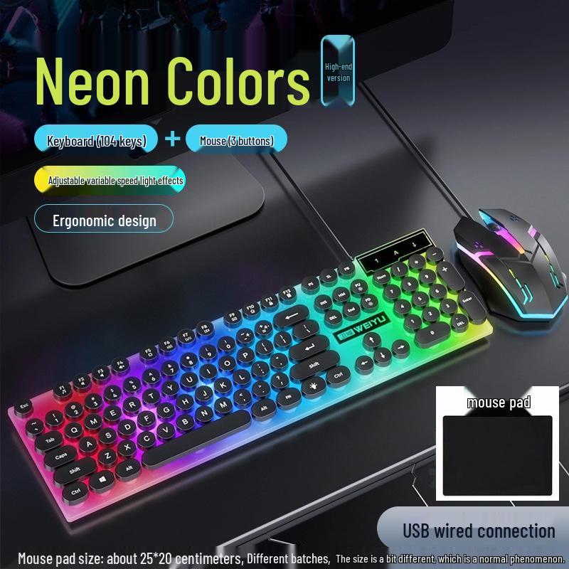 Retro Punk Luminous Gaming Keyboard & Mouse Set with Mechanical Feel - Wired Esports Style