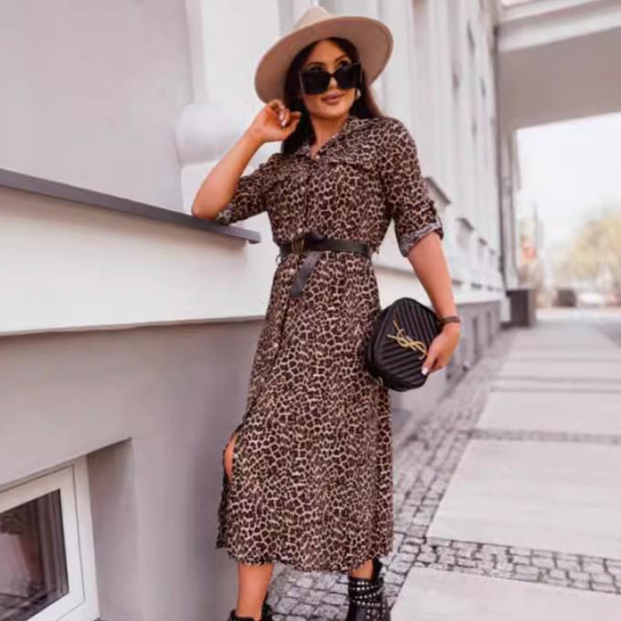 2024 Autumn European & American Mid-Length Leopard Print Dress with Roll-Up Sleeves