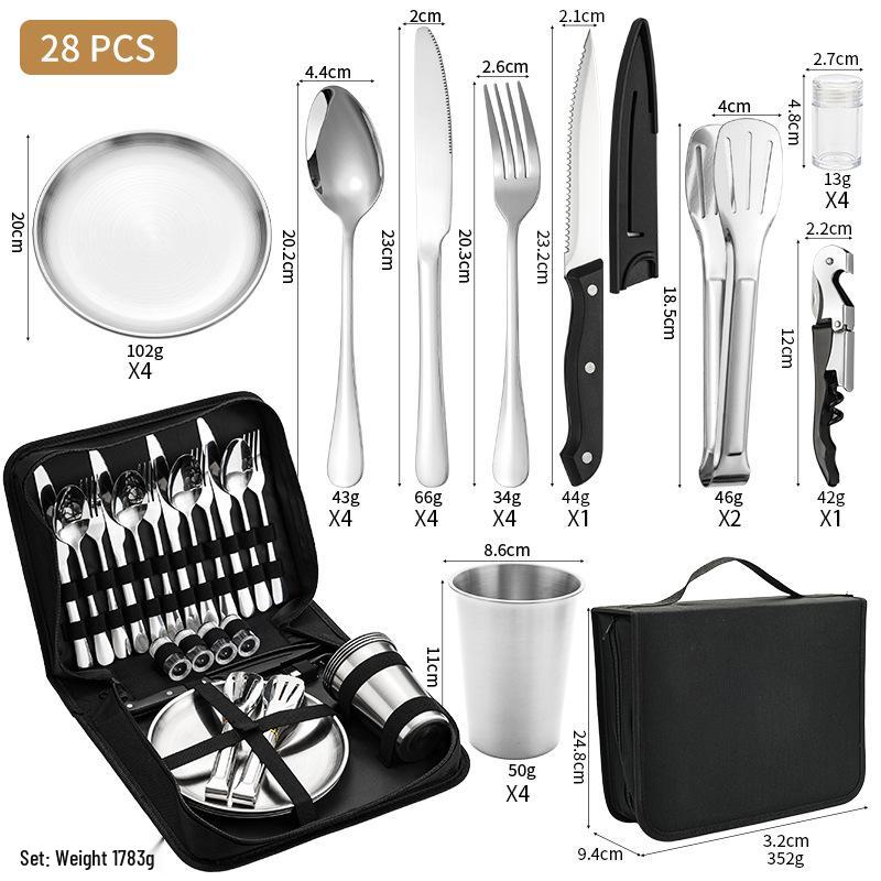 Stainless Steel Camping Cutlery Set: Knife, Fork, Spoon, Plate, Cup with Cloth Bag for Outdoor Use
