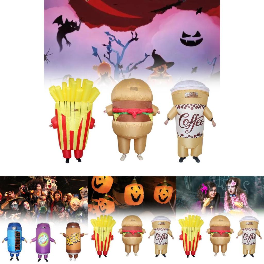 Lustiges und skurriles aufblasbares Kostüm Lustiges Soda-Getränkebecher-Hamburger-Pommes-Outfit für Halloween-Partys