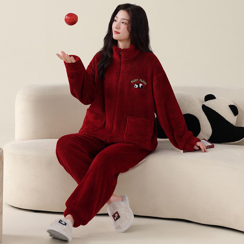 Pajamas Wedding Newlywed Couple Suit Autumn And Winter Coral Fleece Thickened Warm Natal Year Wedding Red Loungewear