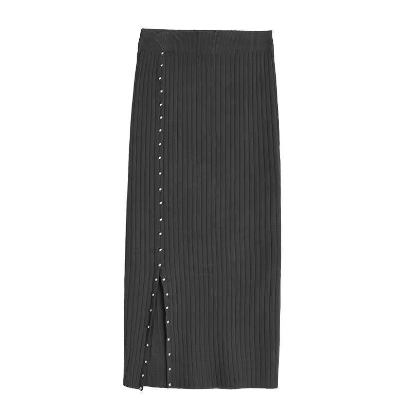 Women Knitted Skirt High Waist Front Slit Knee Length Pencil Skirt Spring Autumn Office Skirts Womens