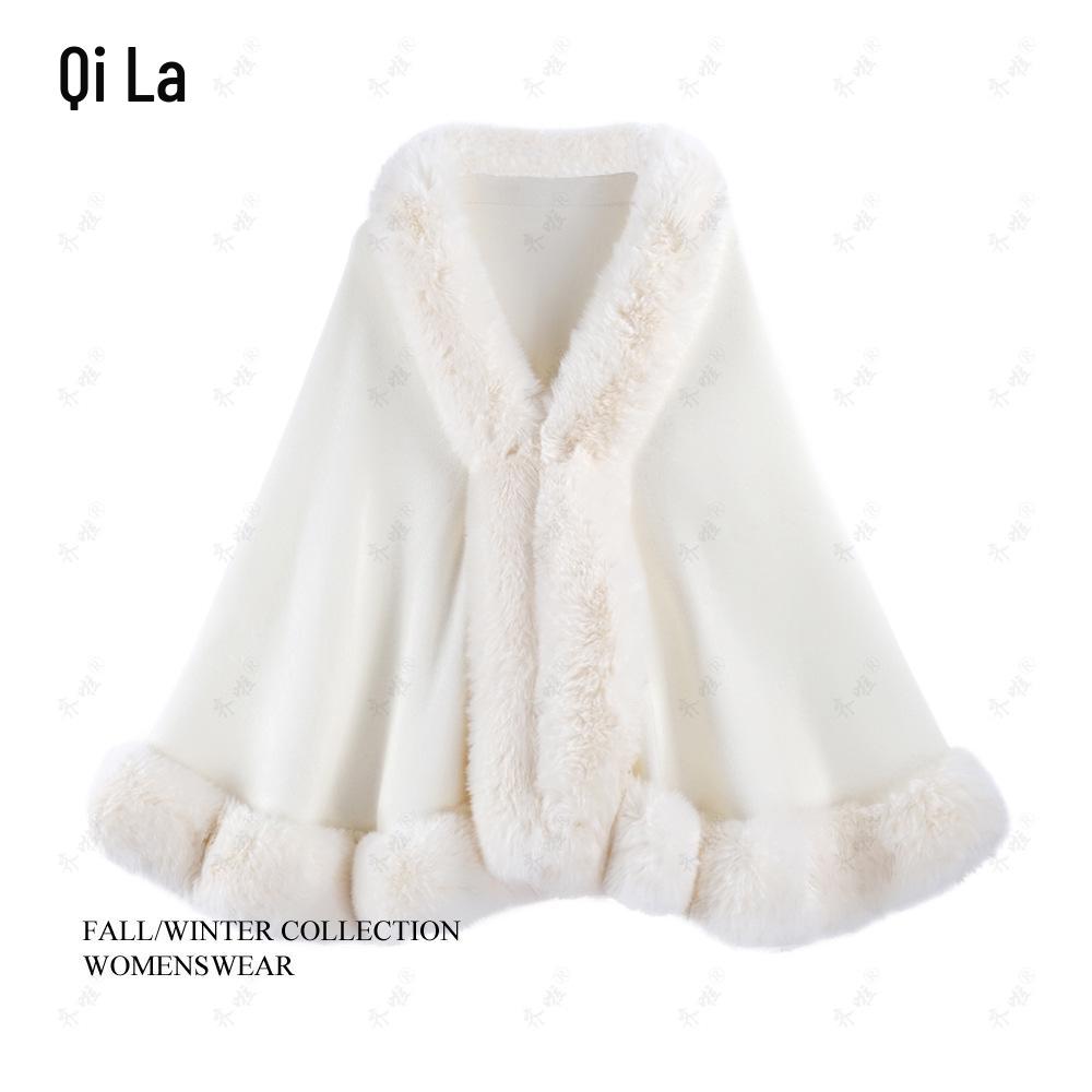 Elegant Faux Mink Woolen Cape Shawl: Plus Size Knit Cardigan Coat for Women