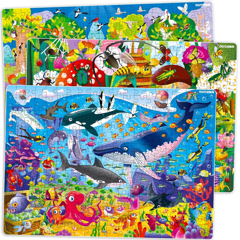 QUOKKA 300 Piece Puzzle for Kids Ages 8-10 - Set of 3 Floor Jigsaw Puzzles - Ages 10-12 Sea Creatures, Forests, Insects Learning Toys - Educational