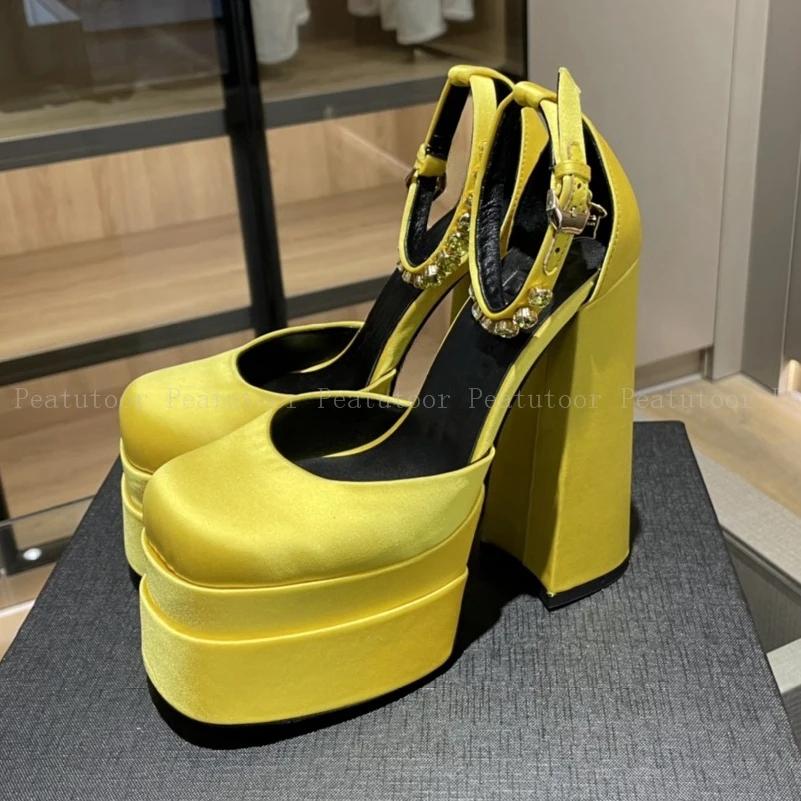 

2025 Women High Heels Platform Crysta Stain Summer Wedding Silk Party Diamond Dress Pumps Mujer Sandals Size 35-42 42