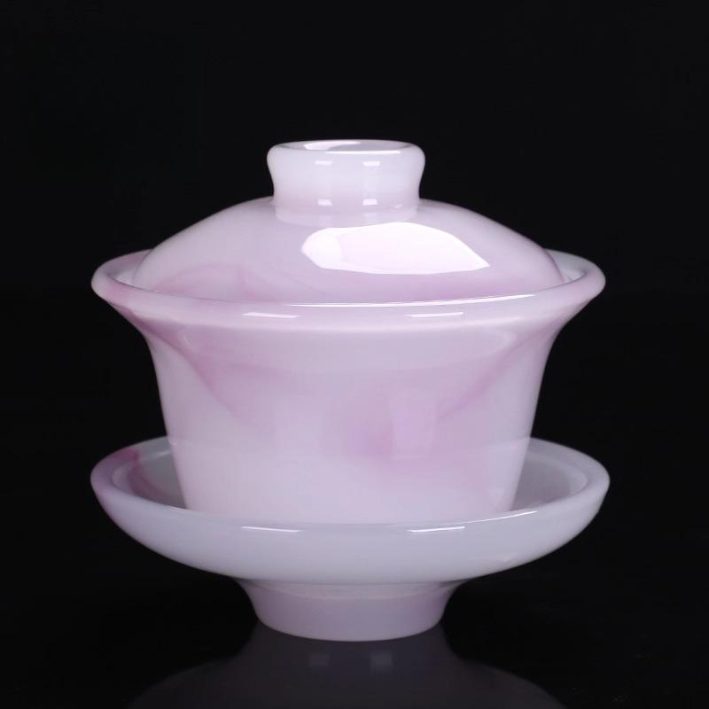 Light Luxury Glazed Three Talents Cover Bowl White Jade Household Kung Fu Tea Set Office Meeting Guest Gift Jade Porcelain