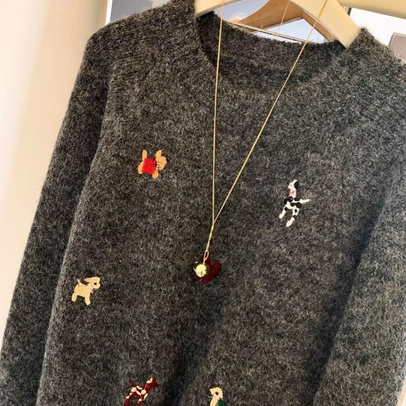Dog Cartoon Embroidery Round Neck Pullover Sweater for Women in Autumn and Winter New Design Soft and Skin-friendly Knitted Top