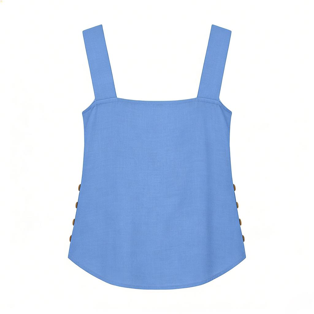 Women Summer Casual Tee Sleeveless Shirt Side Button Loose Cotton Linen Tank Tops