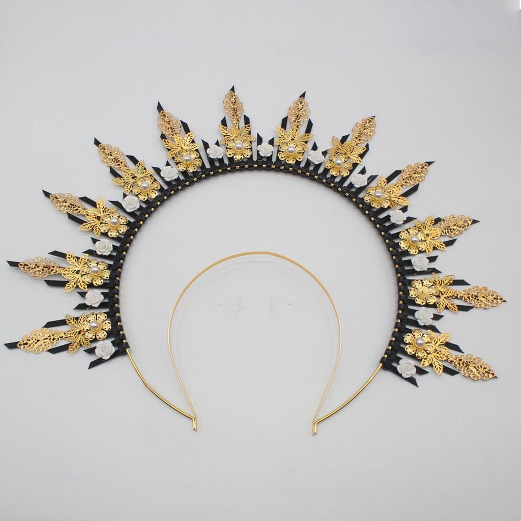 Gothic Lolita KC Halo Crown Headband Gold Leaves Flowers Headpiece Women Sun Goddess Queen Anna Baroque Angel Tiara Accessories