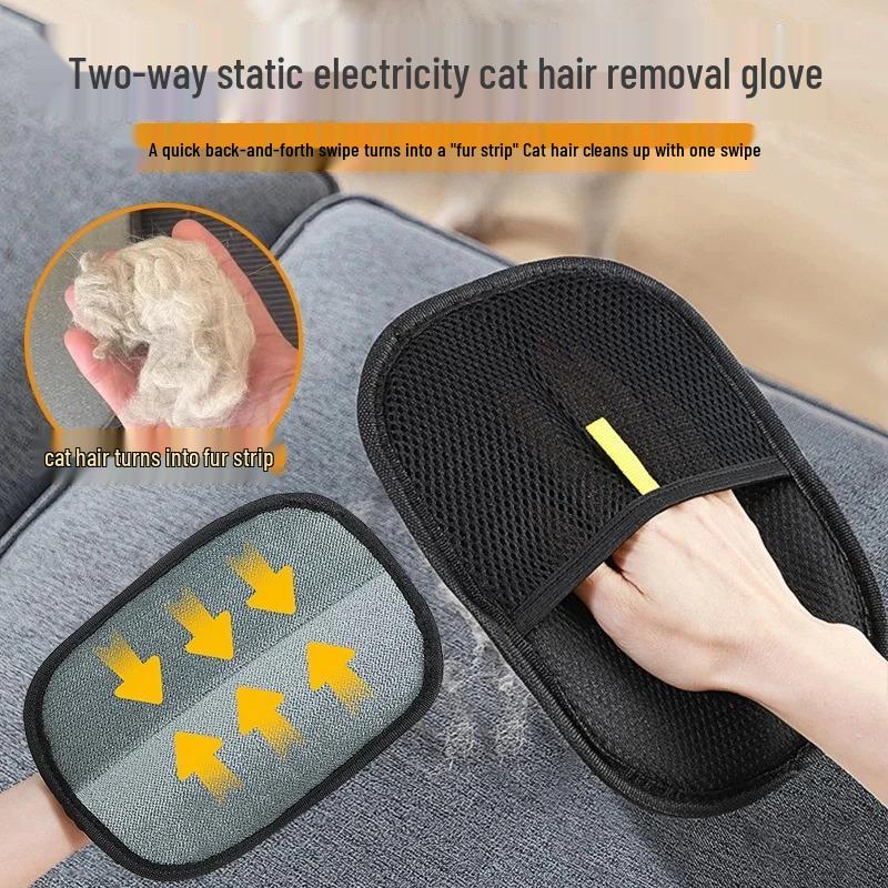 Zweiseitige Katzenhaarentferner-Handschuhe und Pflegebürste