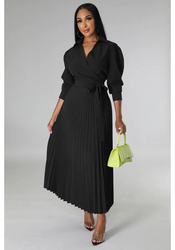 Cross-Border Europe Spring Long Sleeve Polo Collar High Waist Pleated Women's Casual Dress