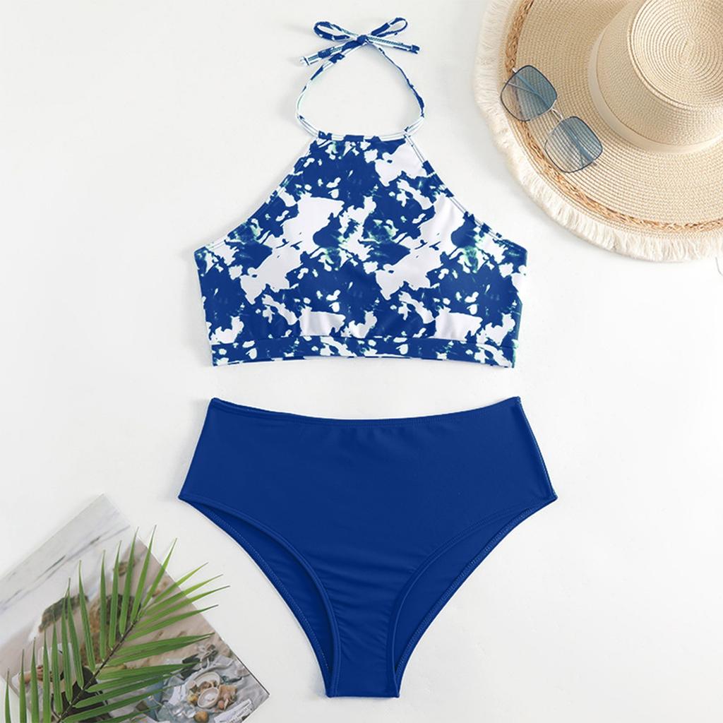 Printed Neck Hanging Split Bikini Slimming Multi Colored Women's Swimsuit