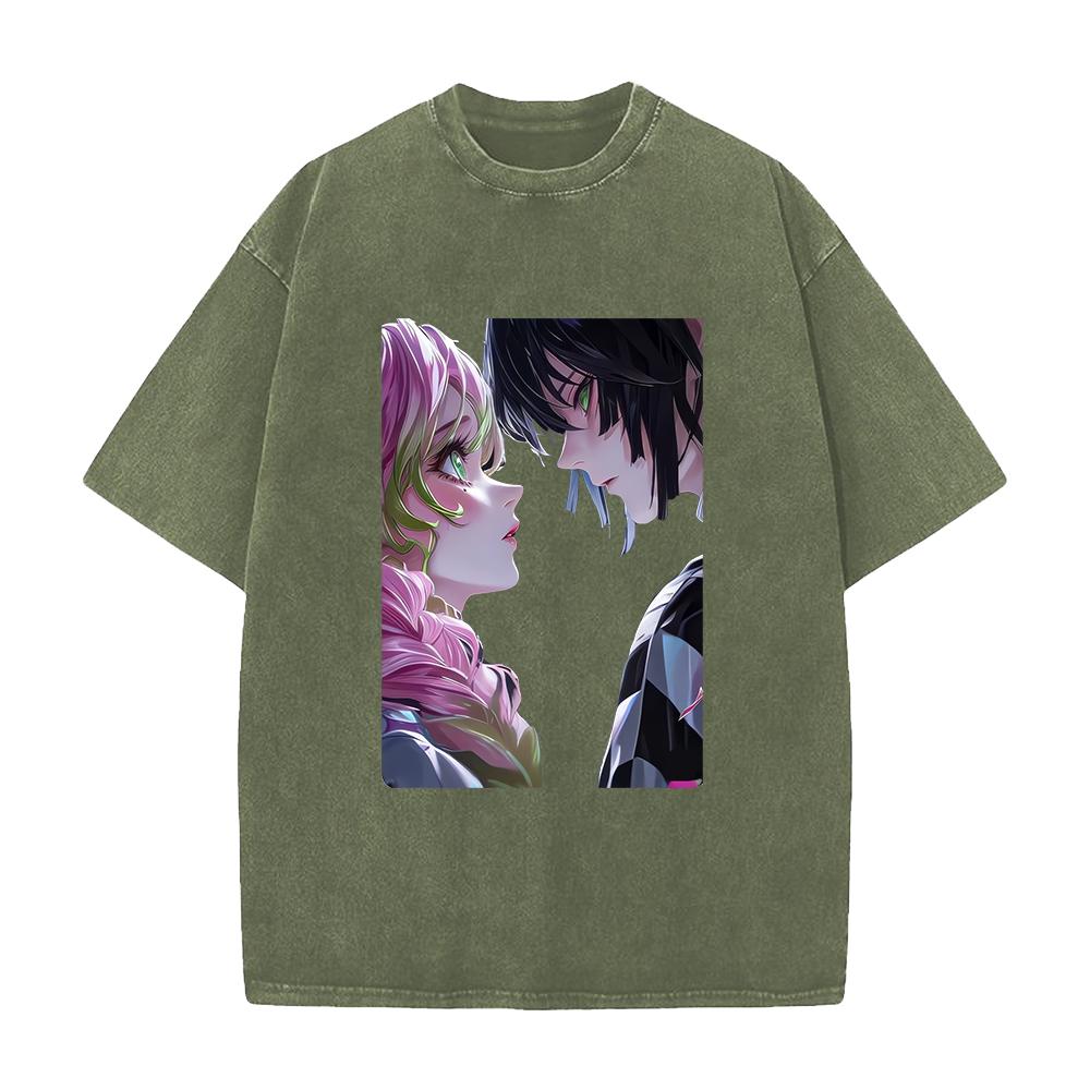 Iguro Obanai Kanroji Mitsuri Demon Slayer Print T-shirt Men Women Short Sleeve Clothing Cotton Tshirt Harajuku Washed Tops Tee