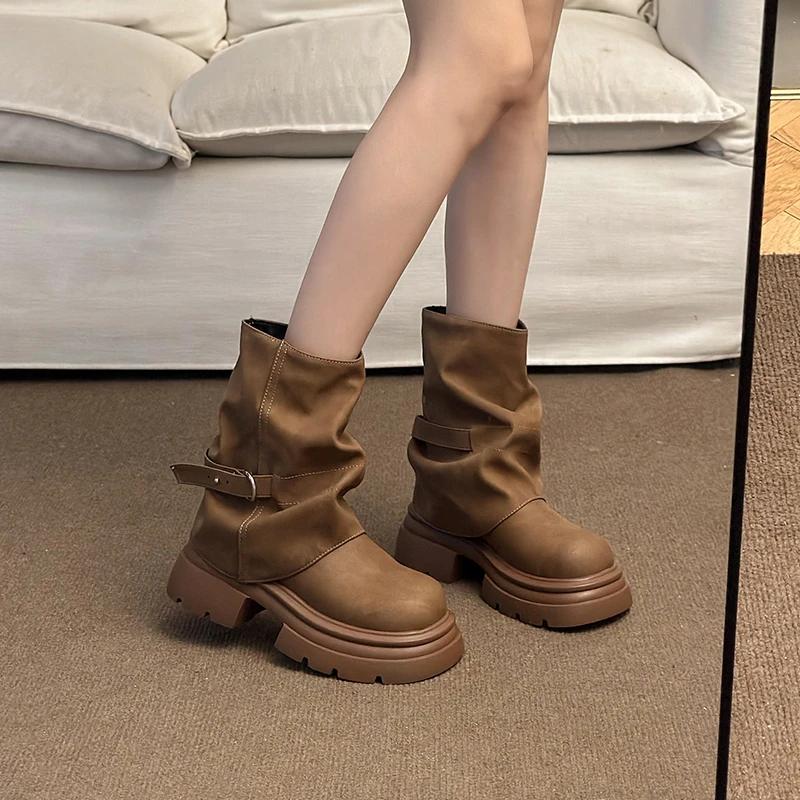 Fashion Women Boots Middle Follow Thick Sole Anti-slip Waterproof Platform Retro Upgraded Round Head Fang Hei Shoes Botas Mujer