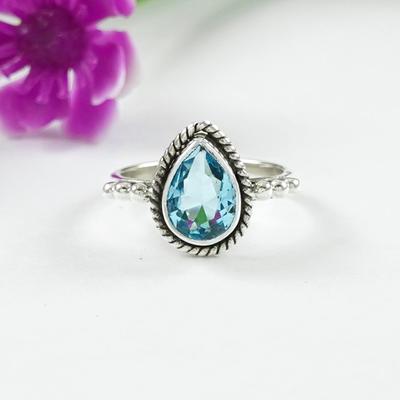 Natural Blue Topaz Ring, Teardrop Topaz Ring, Light Weight Dainty Ring, 925 Sterling Silver, Gift for Her, Birthstone Ring