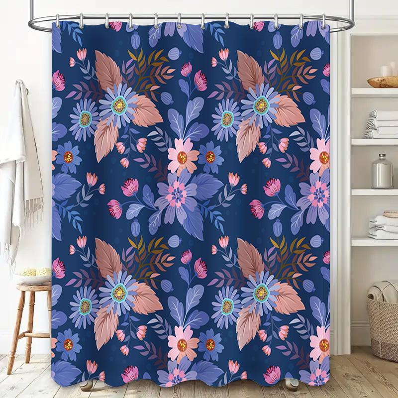 Colorful Floral Shower Curtain Navy Blue Pink Purple Green Bathroom Decor Waterproof Fabric Bath Mat Cover Free Size 72x84 Inche