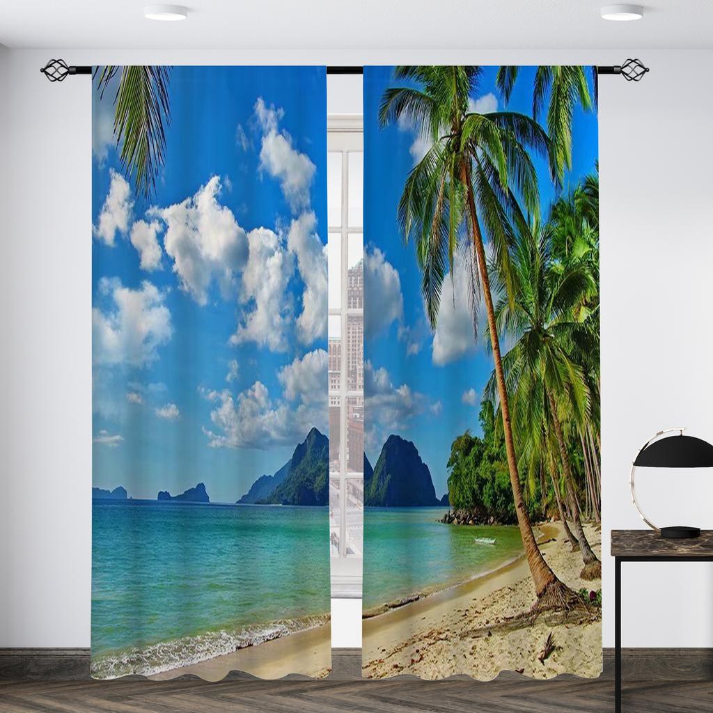 Set Of 2 Modern Tropical Beach Natural Seaside Scenery Curtains Bedroom Study Living Room Balcony Home Decoration Curtain Polyester Perfect For Area