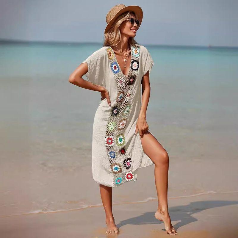 

2024 Длинное плетеное искусственное платье пэчворк с крючком с разрезом Сексуальное длинное платье Халат Ручное вязание пэчворк Пляжная верхняя одежда Apricot All yards