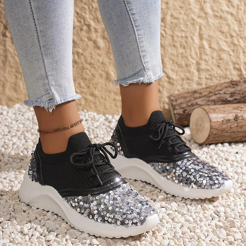 Silver Glitter Sneakers for Women Spring 2025 Platform Flat with Knitted Shoes Woman Patchwork Breathable Casual Shoes Flats 43