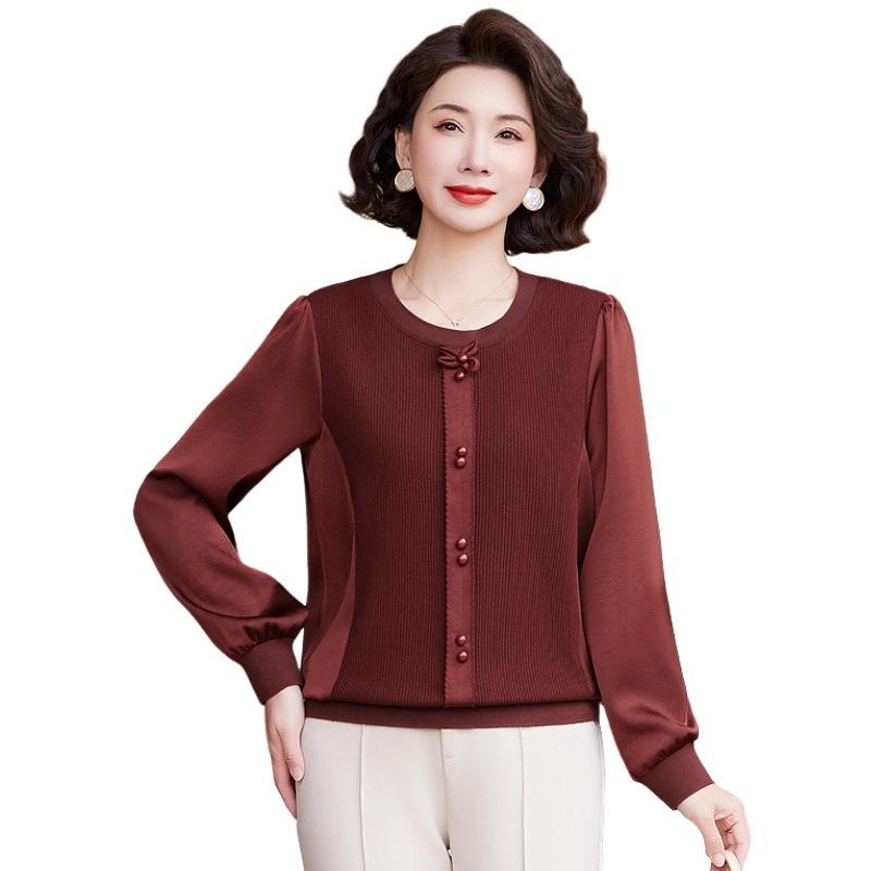 2026 Fashionable Long-Sleeve Knitted T-Shirt for Middle-Aged and Elderly Women