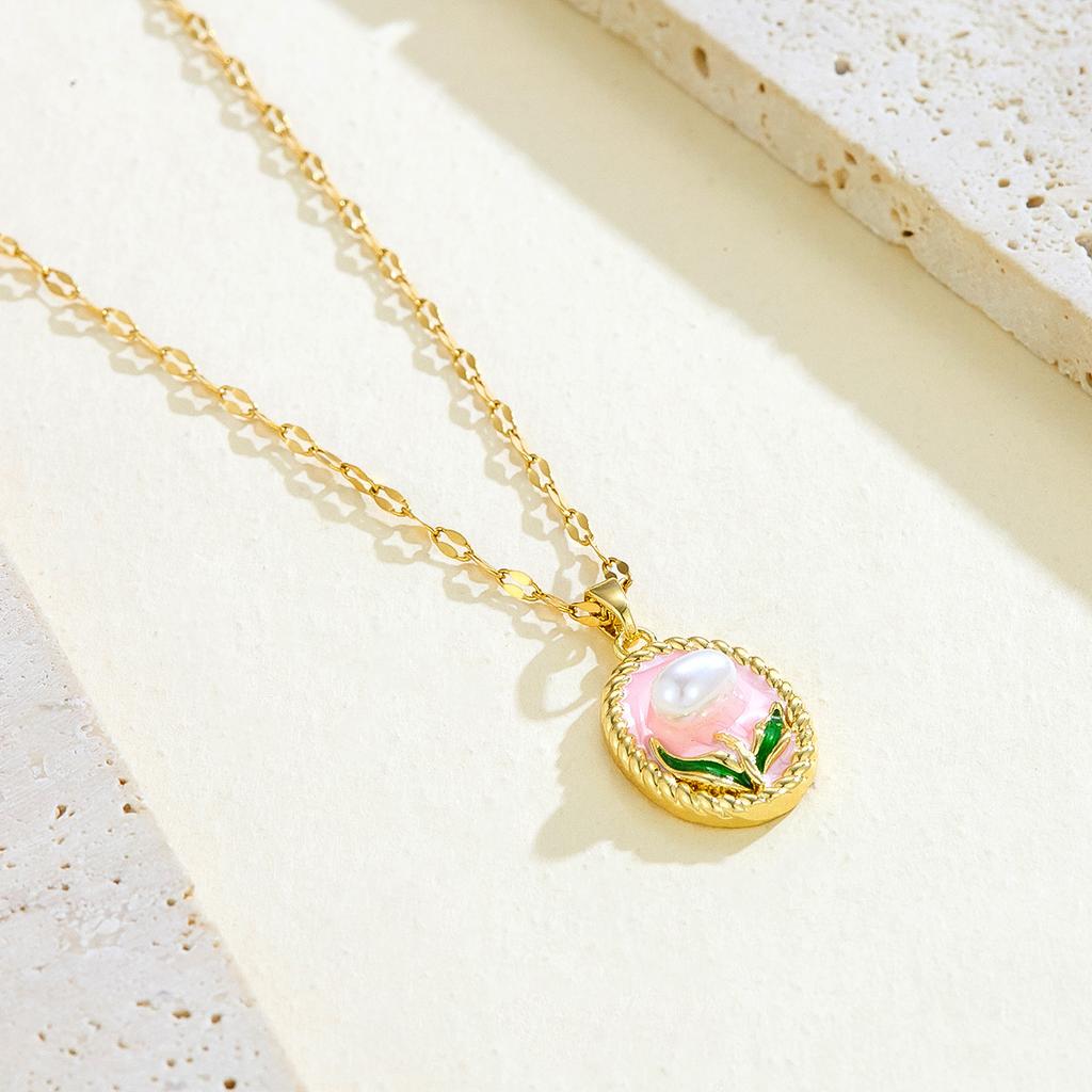 Cross-border New French Style Vintage Imitation Pearl Oil Drop Pendant Light Luxury Copper Enamel High-end Painted Flower