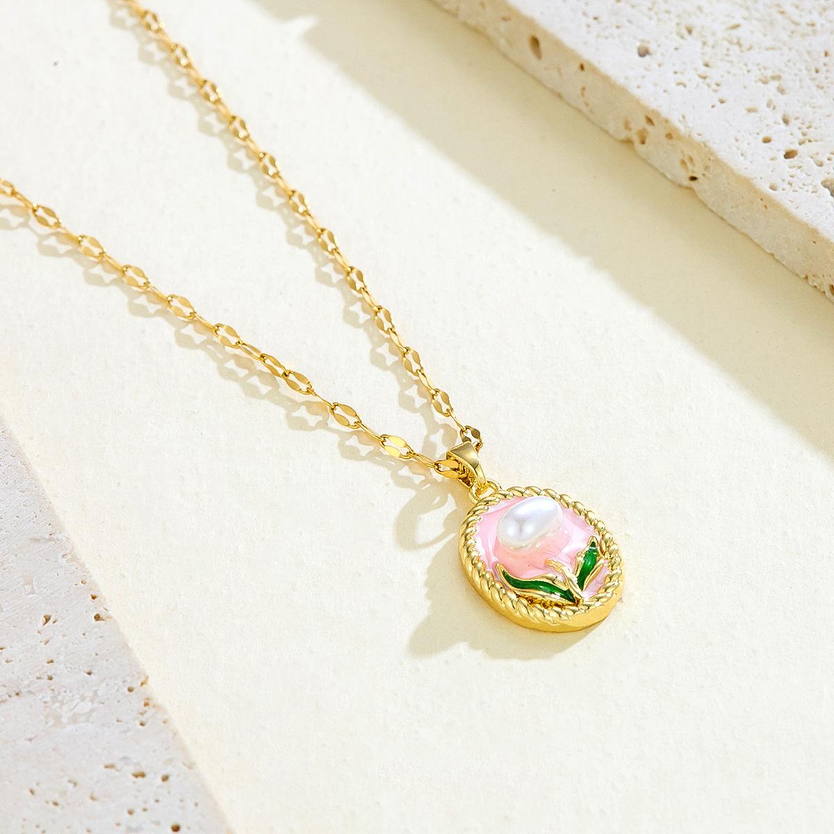 Cross-border New French Style Vintage Imitation Pearl Oil Drop Pendant Light Luxury Copper Enamel High-end Painted Flower