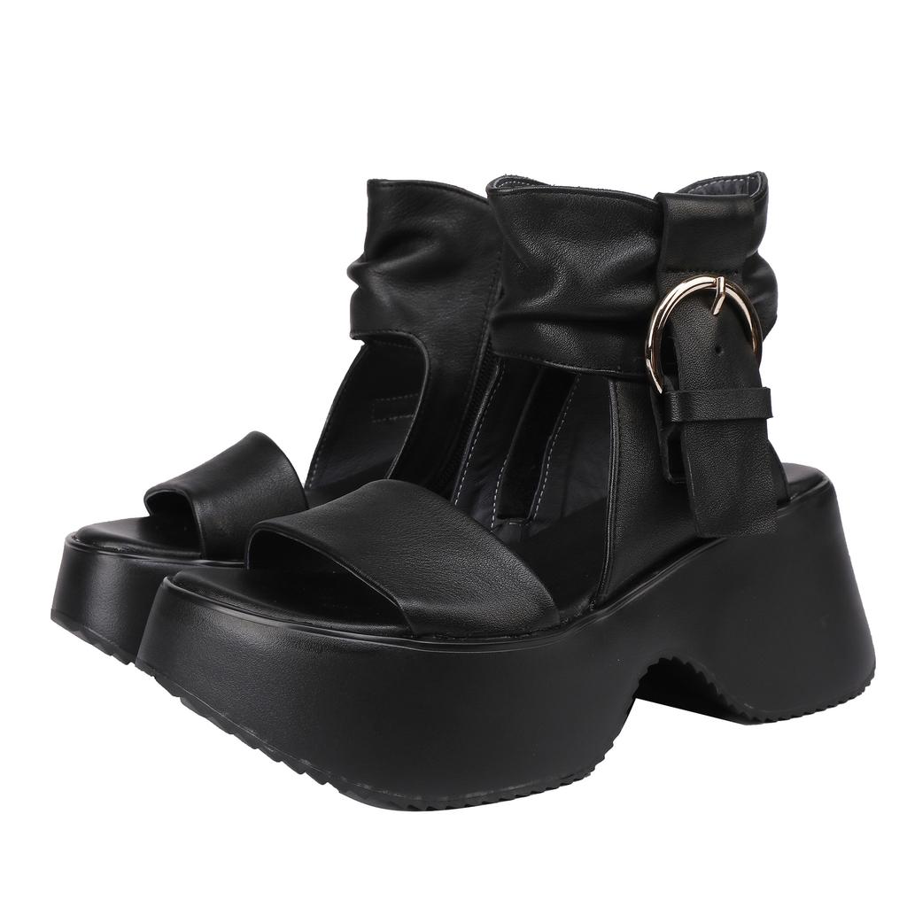 Johnature Genuine Leather Peep Toed Thick Soled Shoes Height Increasing Retro Women's High-heeled Sandals