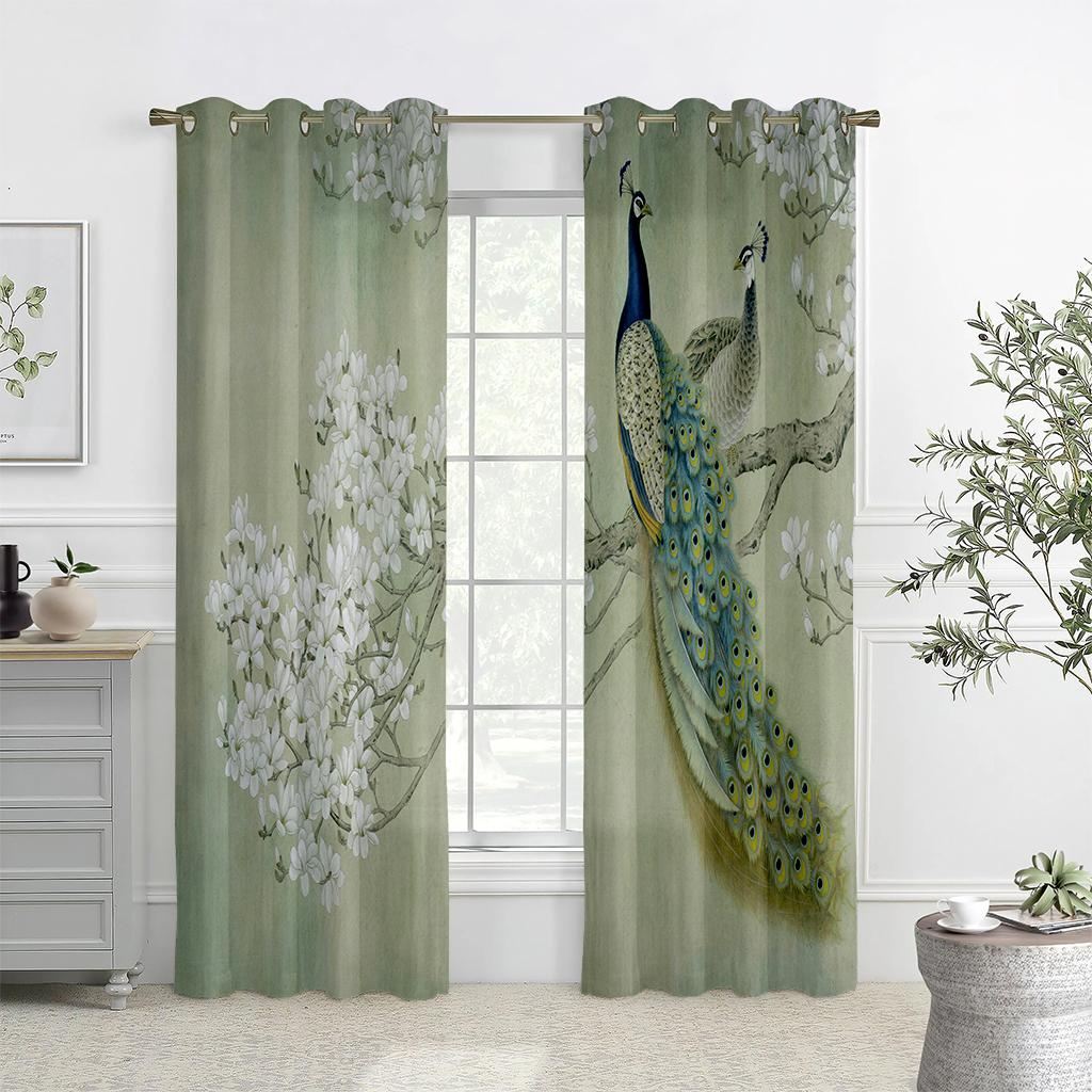 

2 шт. Китайский стиль ретро шторы, рисунок животного павлина, гостиная, спальня карниз декоративные шторы, украшение дома W50xH140(CM)x2PCS&Grommet Top