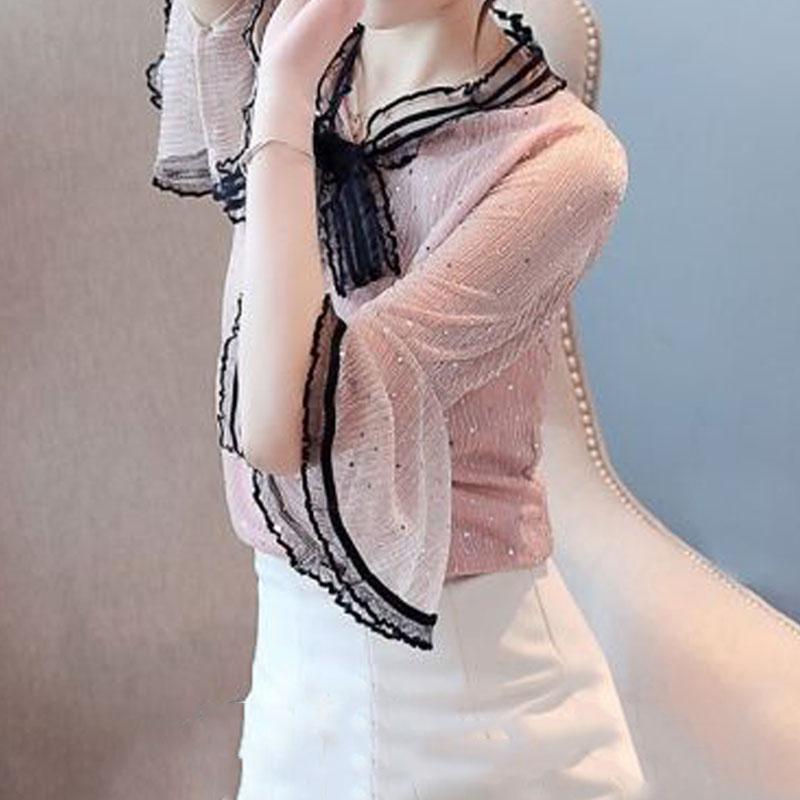 Korean Lace Bow Chiffon Elegant Women's Shirts Summer New Female Clothing Sweet Fashion V-Neck Flare Sleeve Pullovers Blouses