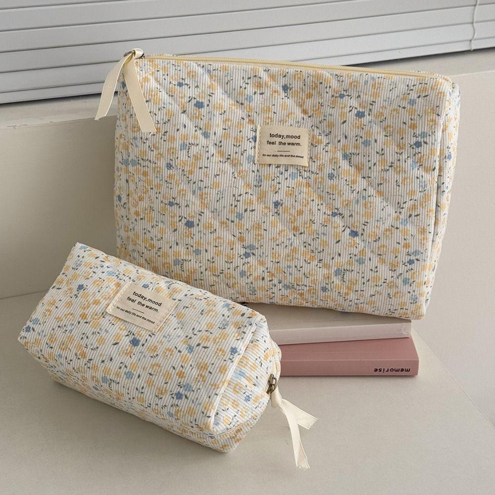 Ins Style Korduroy Ästhetischer Kosmetik-Organizer Große Kapazität Reißverschluss Floral Make-up Tasche Hautpflege Clutch Kosmetik