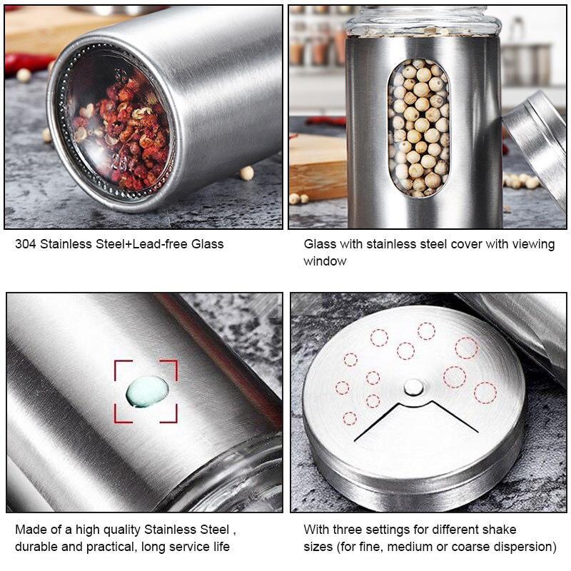 Stainless Steel Seasoning Jars Glass Spreading Bottle Barbecue Seasoning Pot Pepper Bottle Toothpick Holder Salt Shaker Rotating