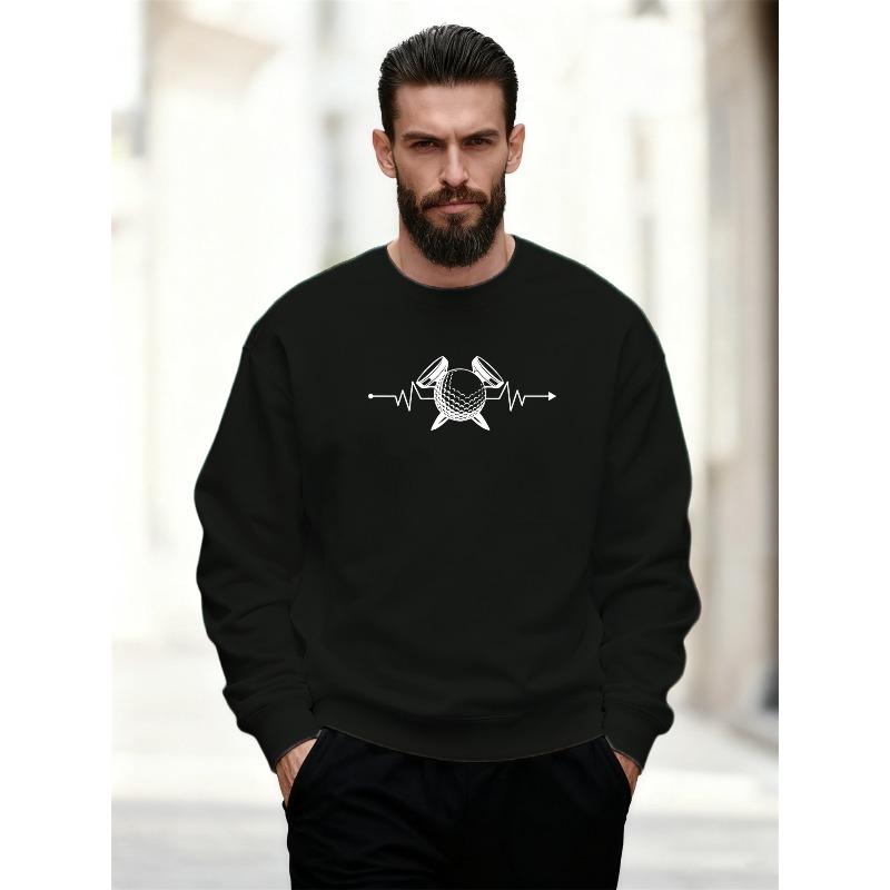 Men'S Casual Round-Neck Sweatshirt Featuring a Golf Ball And Heartbeat Pattern