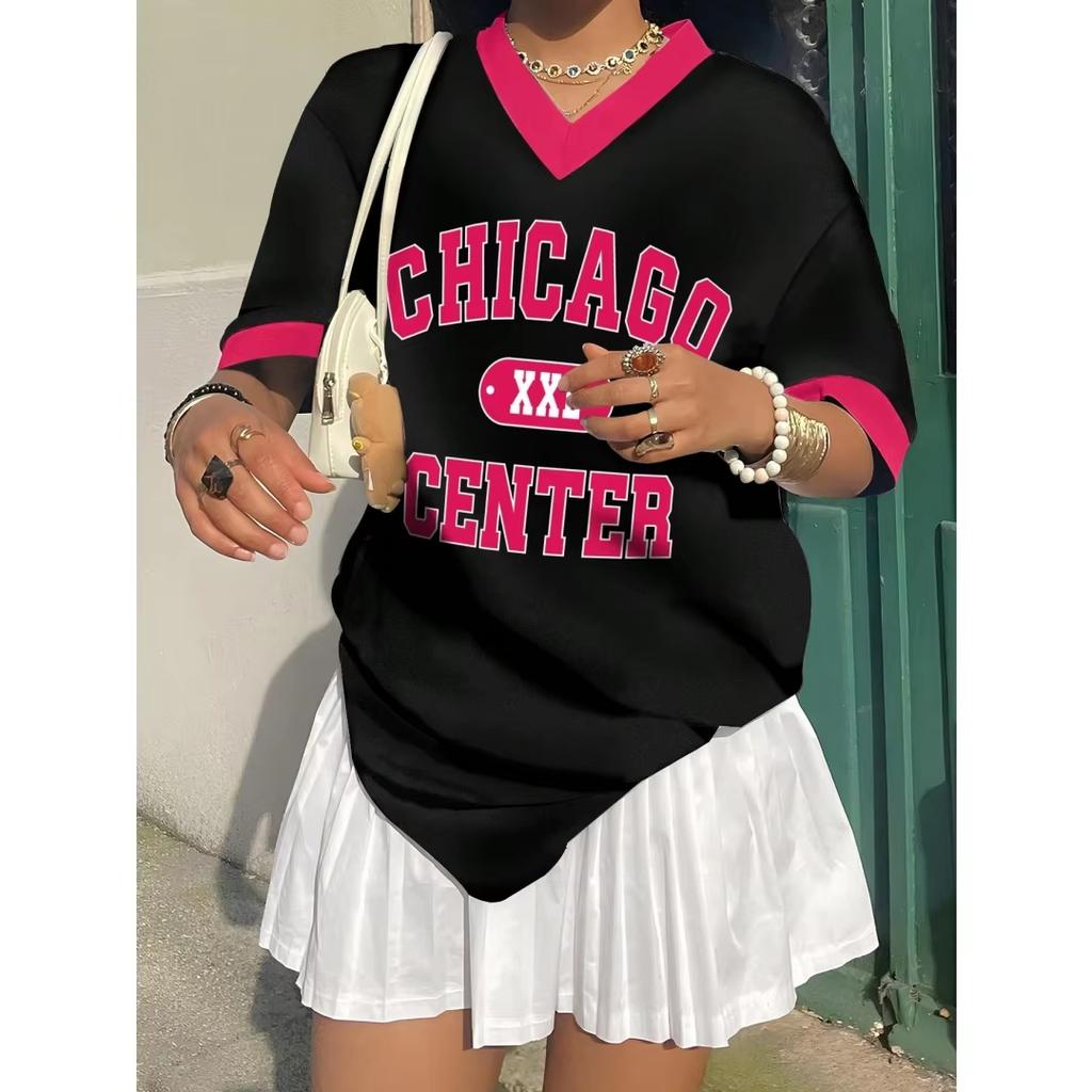 2026 Verano Nuevo Los Ángeles 79 Camiseta Rayada con Estampado Para Mujer Cuello en V Manga Corta Deportiva Camiseta de Fútbol Y2K Holgada Oversized