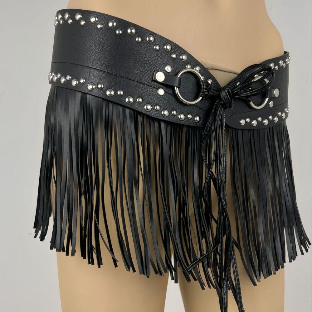 Black Skirt Decoration Punk Style Pu Tassel Waistbands Trendy Rrivet Belt  Female/Girls