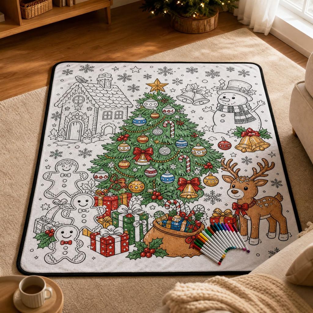 Christmas Coloring Blanket with Watercolor Pens – 130 Cm Velvet Doodle for Kids and Adults, Soft Comfortable Fun Painting Activity