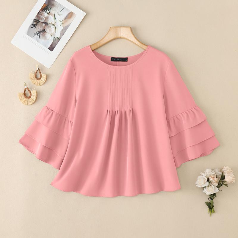 ZANZEA Damska Koreańska Codzienna Okrągły Dekolt Rękaw 3/4 Dzwonowy Plisowana Bluzka Lotos