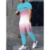 Men'S 3D Casual Suit, Gradient Color High-Definition Pattern Printed Short-Sleeve T-Shirt And Drawstring Straight-Leg Pants Set