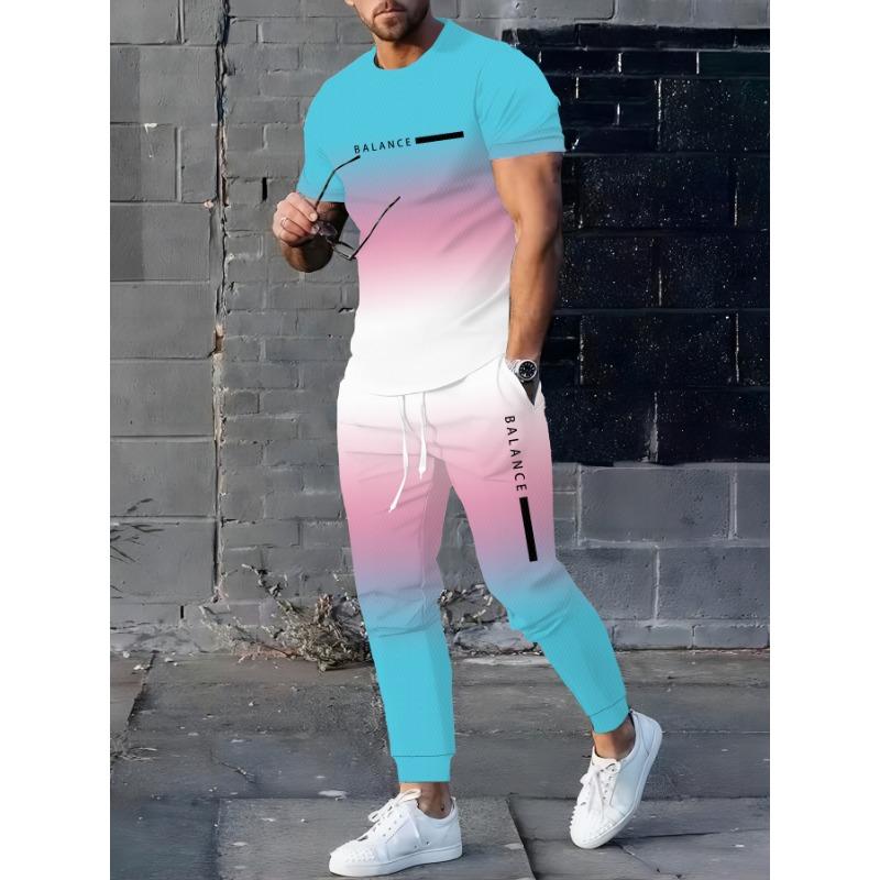 Men'S 3D Casual Suit, Gradient Color High-Definition Pattern Printed Short-Sleeve T-Shirt And Drawstring Straight-Leg Pants Set