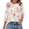 Women's Floral Print 3/4 Sleeve Round Neck Pleated Top Casual Loose Fit Blouse Lightweight Soft Fabric Shirt for Daily Wear