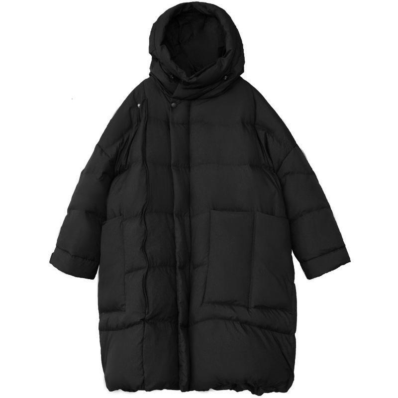 Women Down Long Jacket Hood Loose Over Size Coat Autumn Winter Warm Outwear Korean Style Big Pockets