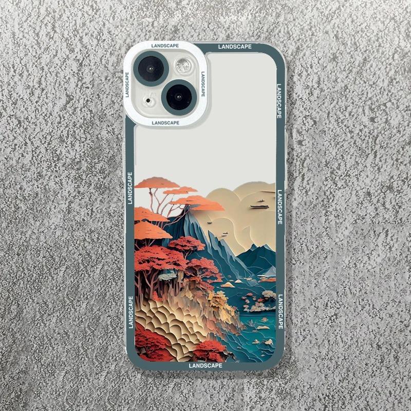Printing Landscape Creative Mountain Phone Case For iPhone 16 15 14 13 12 11 Pro Max XS X XR 7 8 SE Soft Cover