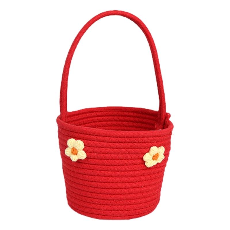 Natural Cotton Handwoven Basket Wedding Flower Basket with Handle  Eggs Candy Vegetable Holder Decorative Tote Baskets красный