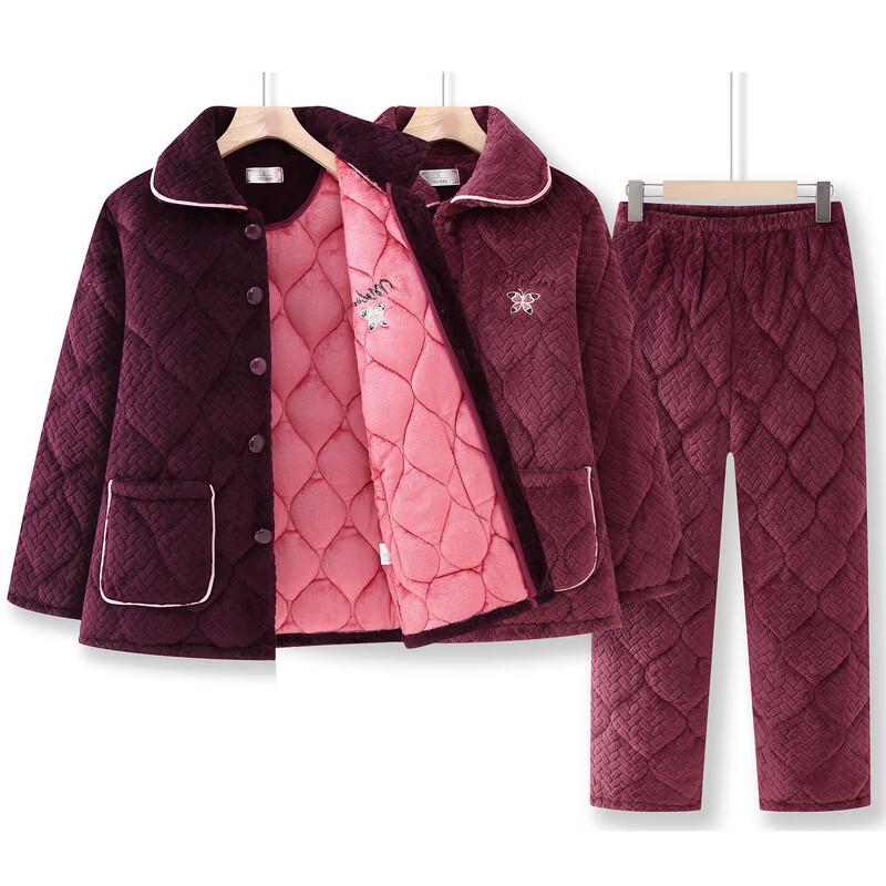 Langsha Women's Winter Coral Fleece Quilted Thermal Pajama Set