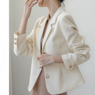 Chic Design Women's Casual  Suit Jacket with Beige Blazer and Unique Lapel Coat