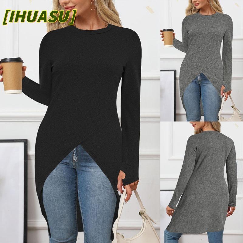 IHUASU Moda Otoño Invierno Color Sólido Estampado Manga Larga Cuello Redondo Vestidos Casuales Diseño Internacional